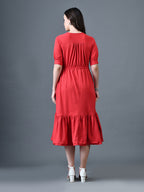 Myshka Women Red Polyester A-Line V-Neck Solid Knee Length Short Sleeves Dresses | Grocsy