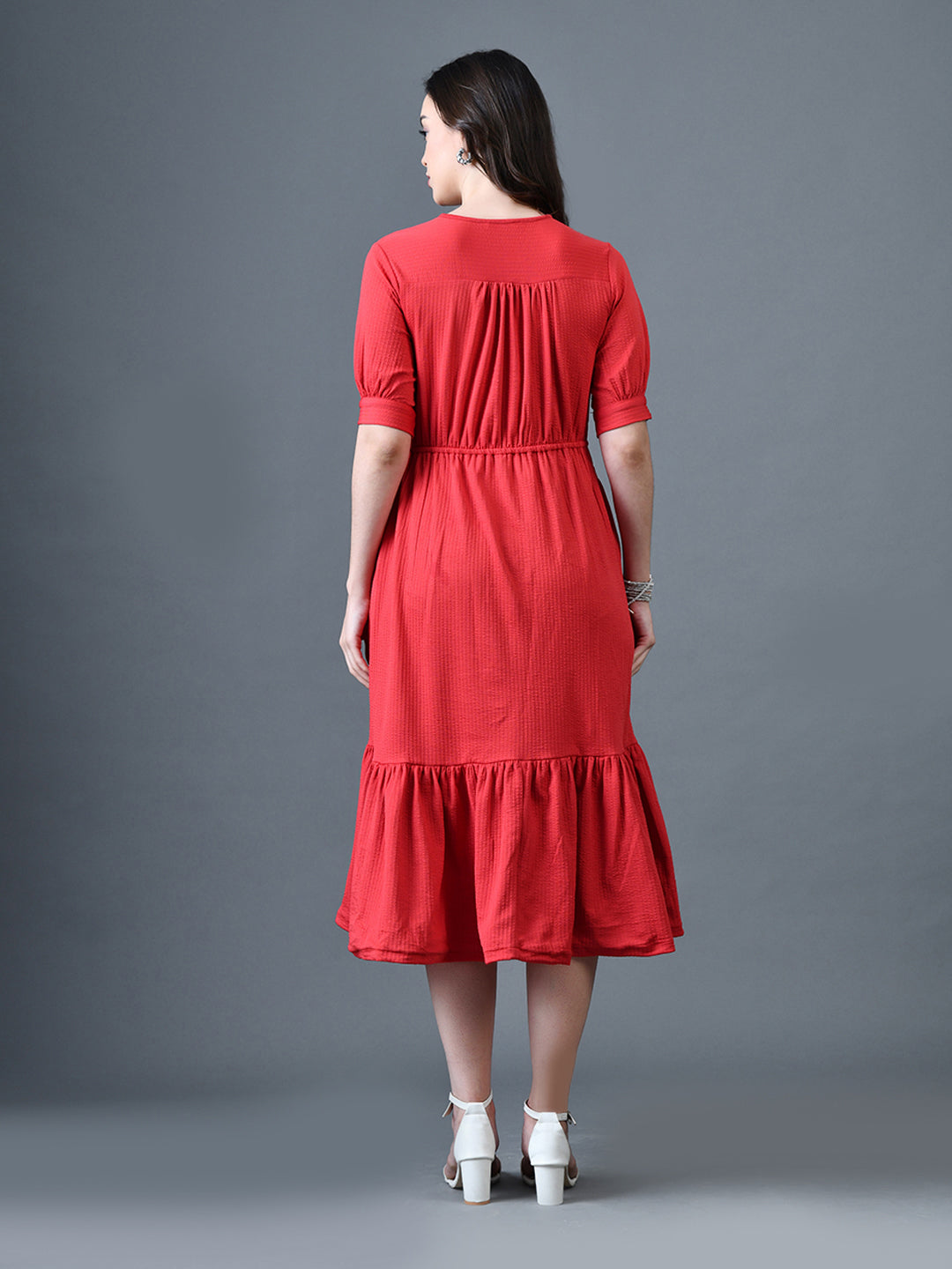 Myshka Women Red Polyester A-Line V-Neck Solid Knee Length Short Sleeves Dresses | Grocsy