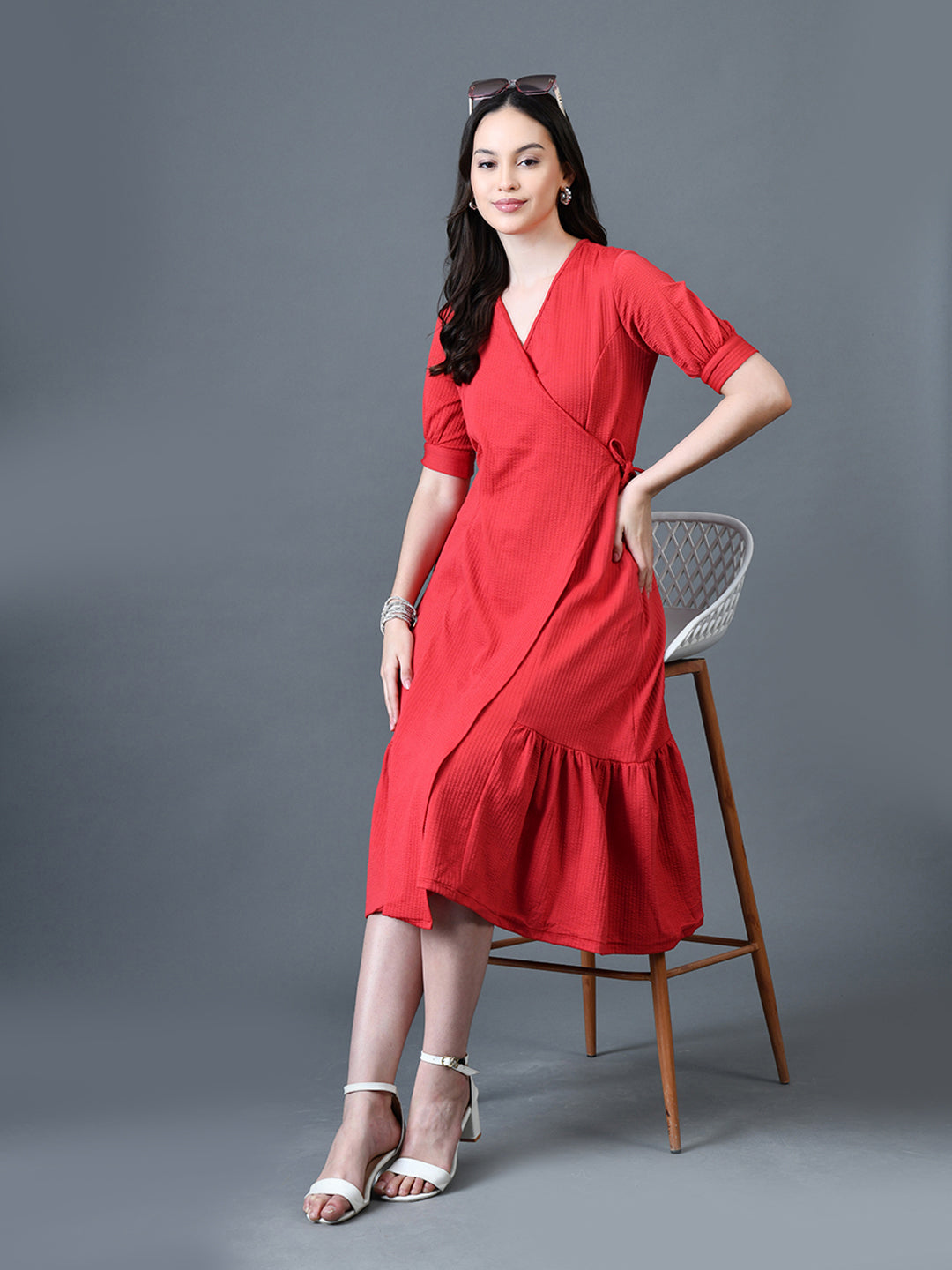 Myshka Women Red Polyester A-Line V-Neck Solid Knee Length Short Sleeves Dresses | Grocsy
