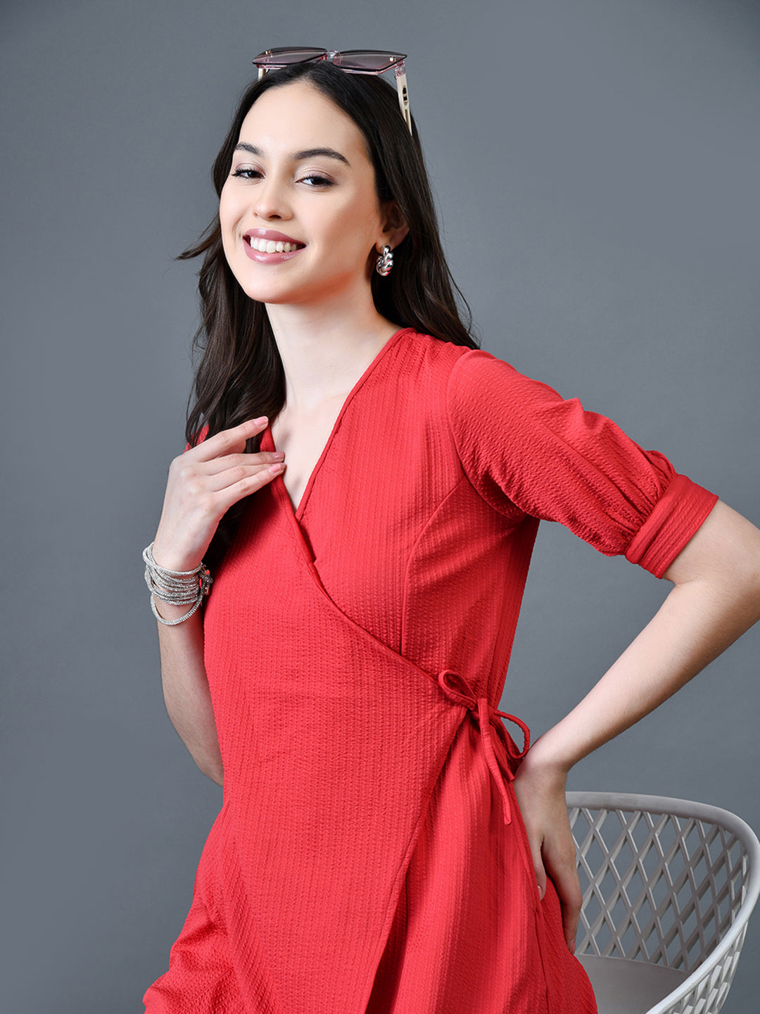 Myshka Women Red Polyester A-Line V-Neck Solid Knee Length Short Sleeves Dresses | Grocsy