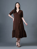 Myshka Women Brown Polyester A-Line V-Neck Solid Knee Length Short Sleeves Dresses | Grocsy