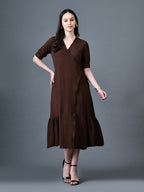 Myshka Women Brown Polyester A-Line V-Neck Solid Knee Length Short Sleeves Dresses | Grocsy