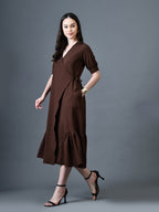 Myshka Women Brown Polyester A-Line V-Neck Solid Knee Length Short Sleeves Dresses | Grocsy