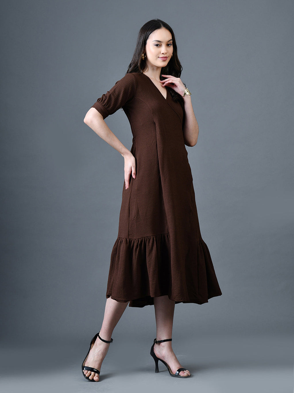 Myshka Women Brown Polyester A-Line V-Neck Solid Knee Length Short Sleeves Dresses | Grocsy