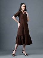 Myshka Women Brown Polyester A-Line V-Neck Solid Knee Length Short Sleeves Dresses | Grocsy