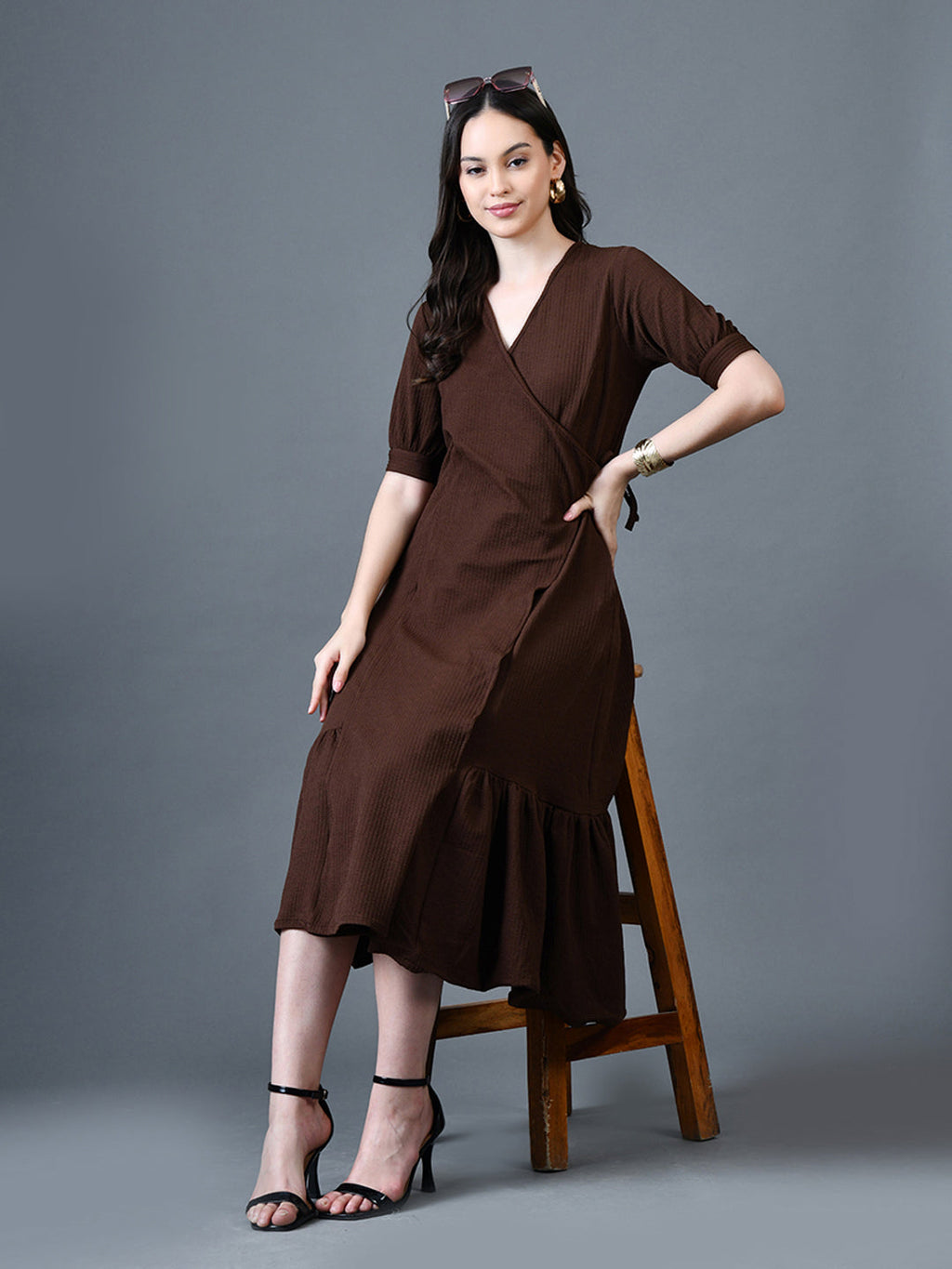Myshka Women Brown Polyester A-Line V-Neck Solid Knee Length Short Sleeves Dresses | Grocsy