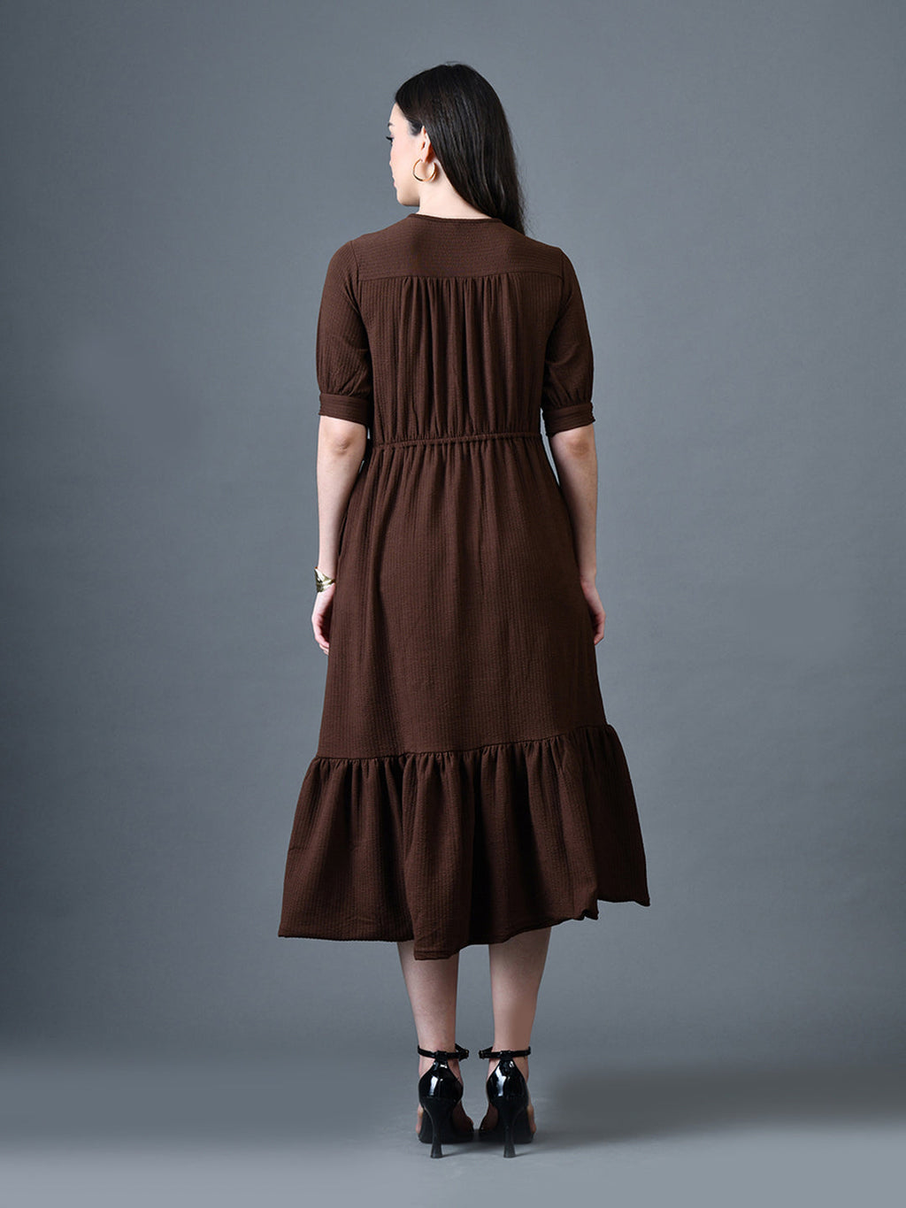 Myshka Women Brown Polyester A-Line V-Neck Solid Knee Length Short Sleeves Dresses | Grocsy