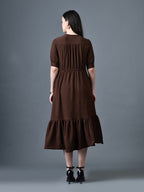 Myshka Women Brown Polyester A-Line V-Neck Solid Knee Length Short Sleeves Dresses | Grocsy