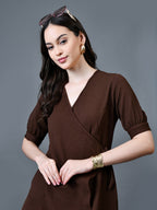 Myshka Women Brown Polyester A-Line V-Neck Solid Knee Length Short Sleeves Dresses | Grocsy