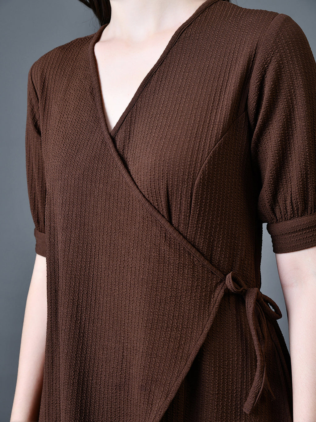Myshka Women Brown Polyester A-Line V-Neck Solid Knee Length Short Sleeves Dresses | Grocsy