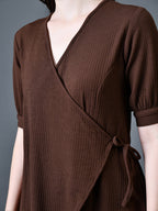 Myshka Women Brown Polyester A-Line V-Neck Solid Knee Length Short Sleeves Dresses | Grocsy
