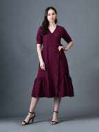 Myshka Women Magenta Polyester A-Line V-Neck Solid Knee Length Short Sleeves Dresses | Grocsy