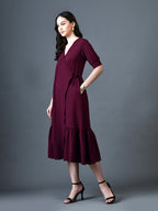 Myshka Women Magenta Polyester A-Line V-Neck Solid Knee Length Short Sleeves Dresses | Grocsy