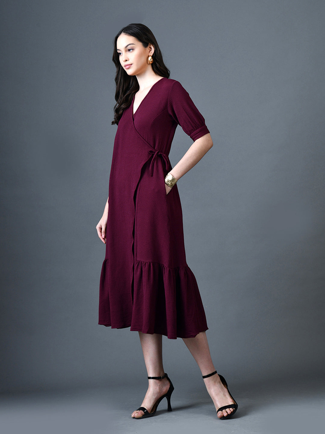 Myshka Women Magenta Polyester A-Line V-Neck Solid Knee Length Short Sleeves Dresses | Grocsy