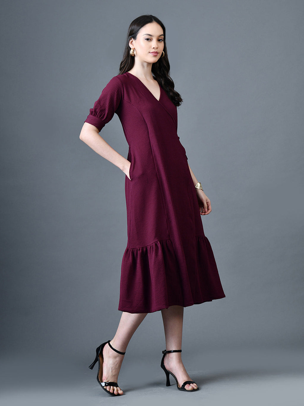 Myshka Women Magenta Polyester A-Line V-Neck Solid Knee Length Short Sleeves Dresses | Grocsy