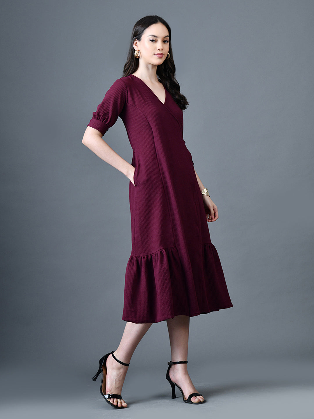 Myshka Women Magenta Polyester A-Line V-Neck Solid Knee Length Short Sleeves Dresses | Grocsy