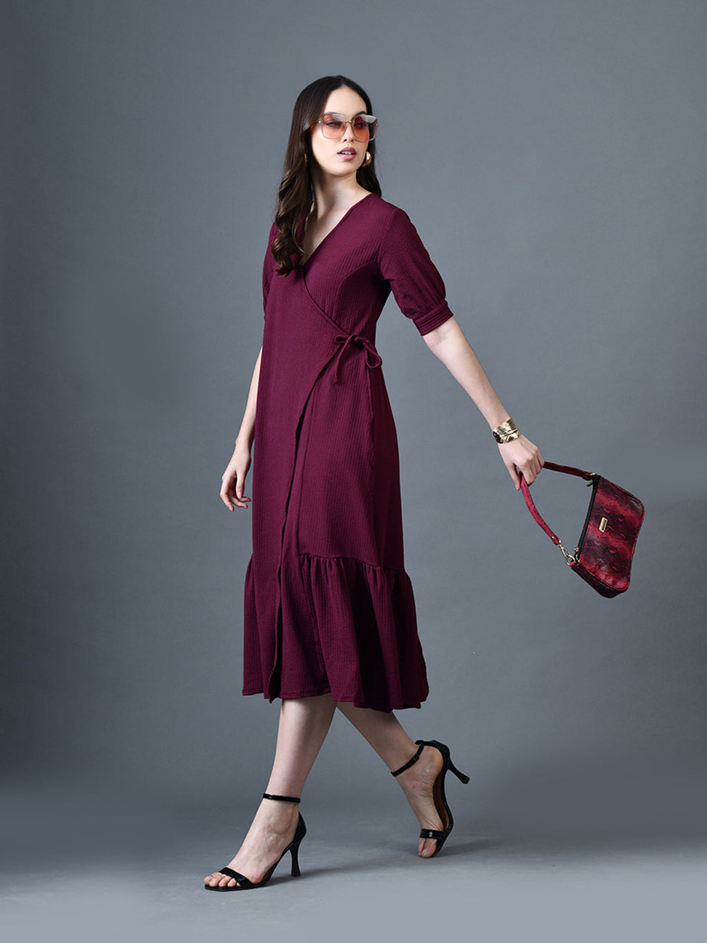 Myshka Women Magenta Polyester A-Line V-Neck Solid Knee Length Short Sleeves Dresses | Grocsy