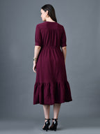 Myshka Women Magenta Polyester A-Line V-Neck Solid Knee Length Short Sleeves Dresses | Grocsy