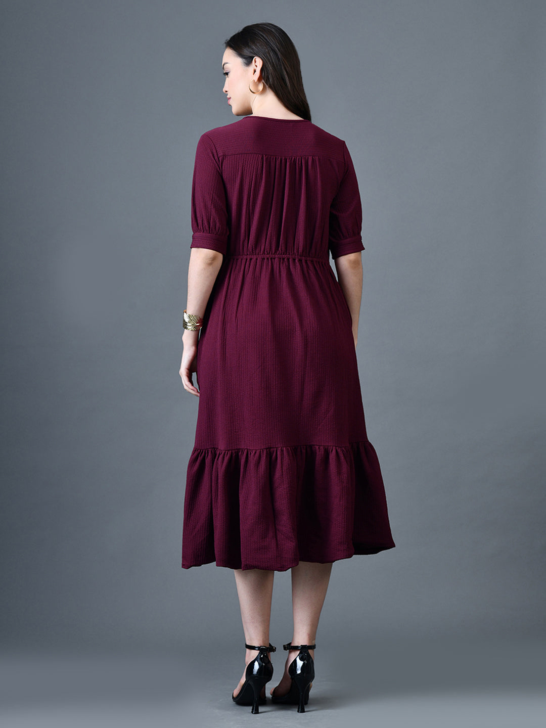 Myshka Women Magenta Polyester A-Line V-Neck Solid Knee Length Short Sleeves Dresses | Grocsy