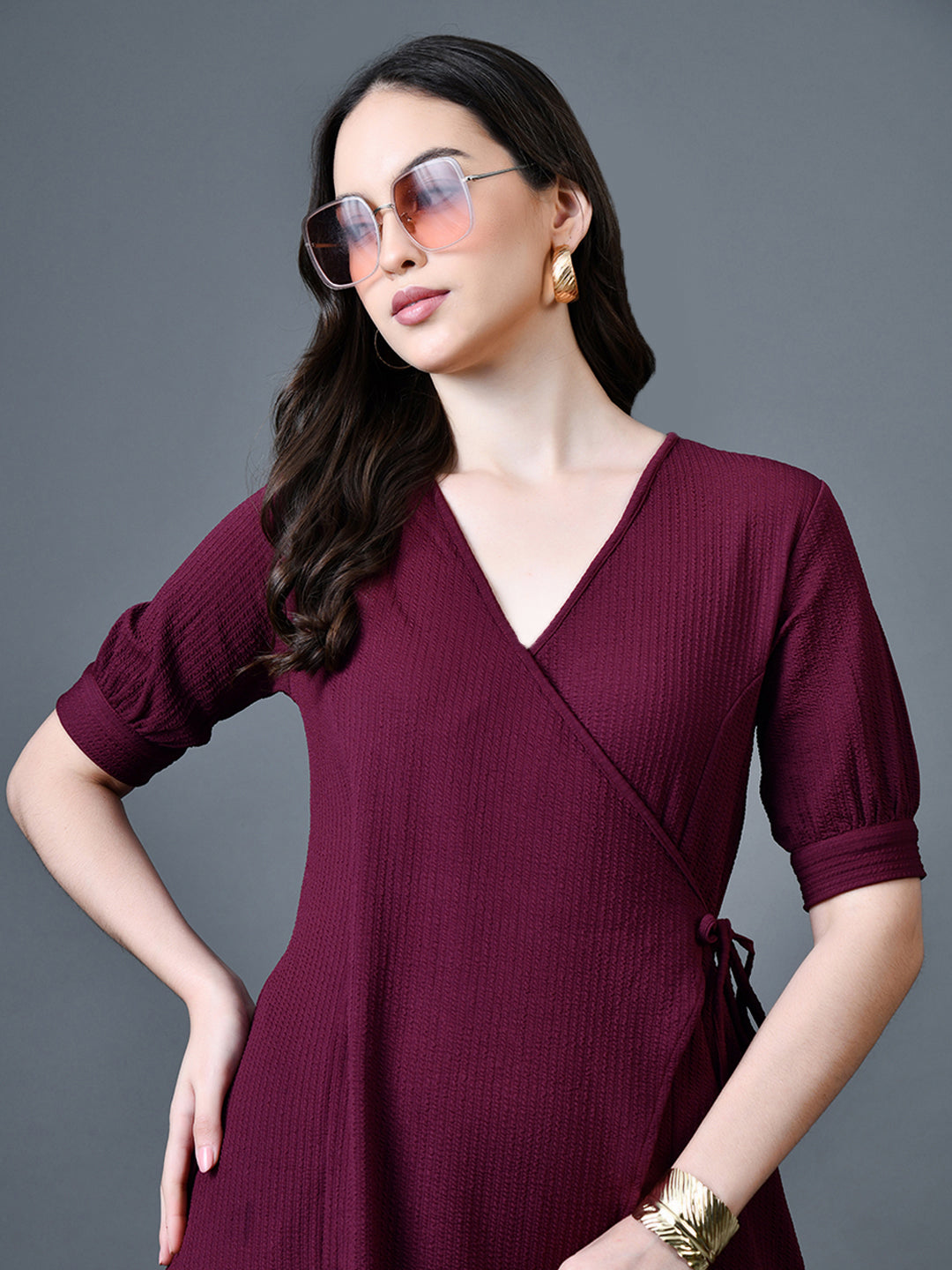 Myshka Women Magenta Polyester A-Line V-Neck Solid Knee Length Short Sleeves Dresses | Grocsy