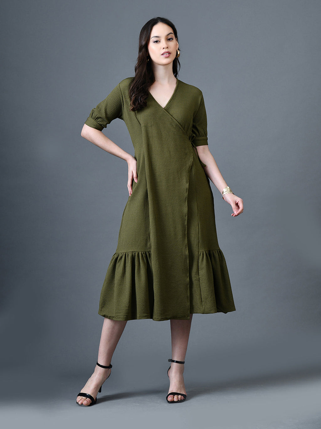 Myshka Women Olive Polyester A-Line V-Neck Solid Knee Length Short Sleeves Dresses | Grocsy