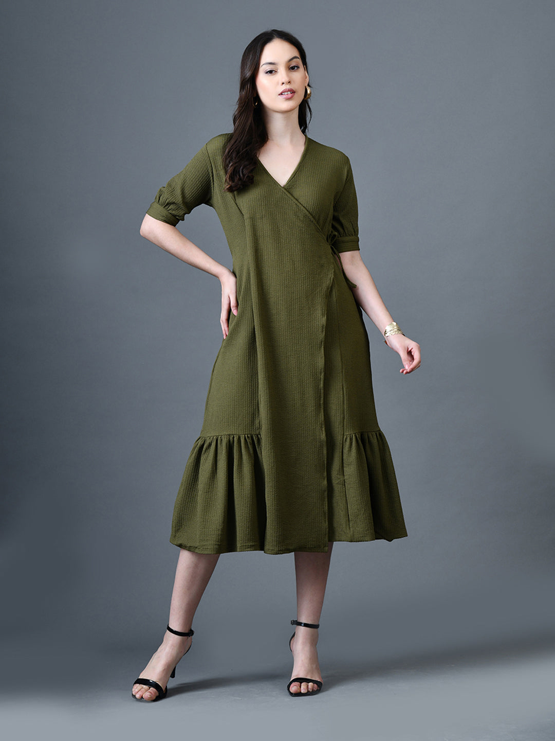 Myshka Women Olive Polyester A-Line V-Neck Solid Knee Length Short Sleeves Dresses | Grocsy