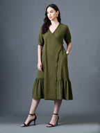 Myshka Women Olive Polyester A-Line V-Neck Solid Knee Length Short Sleeves Dresses | Grocsy