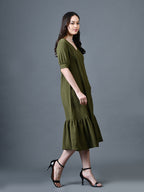 Myshka Women Olive Polyester A-Line V-Neck Solid Knee Length Short Sleeves Dresses | Grocsy