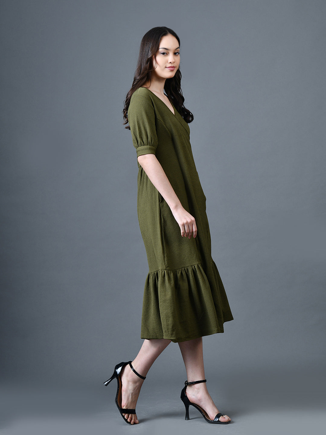 Myshka Women Olive Polyester A-Line V-Neck Solid Knee Length Short Sleeves Dresses | Grocsy