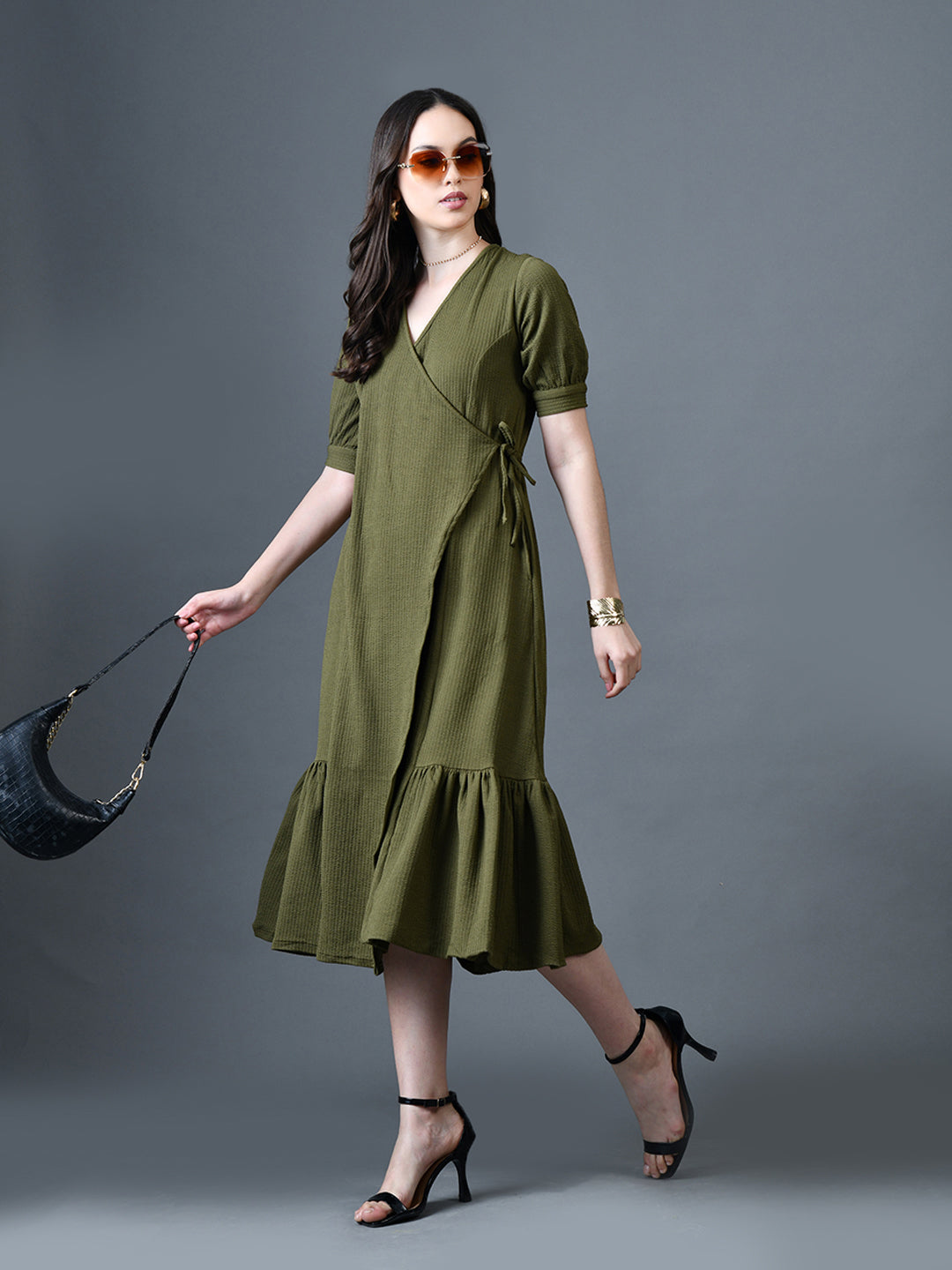 Myshka Women Olive Polyester A-Line V-Neck Solid Knee Length Short Sleeves Dresses | Grocsy