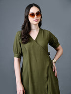 Myshka Women Olive Polyester A-Line V-Neck Solid Knee Length Short Sleeves Dresses | Grocsy