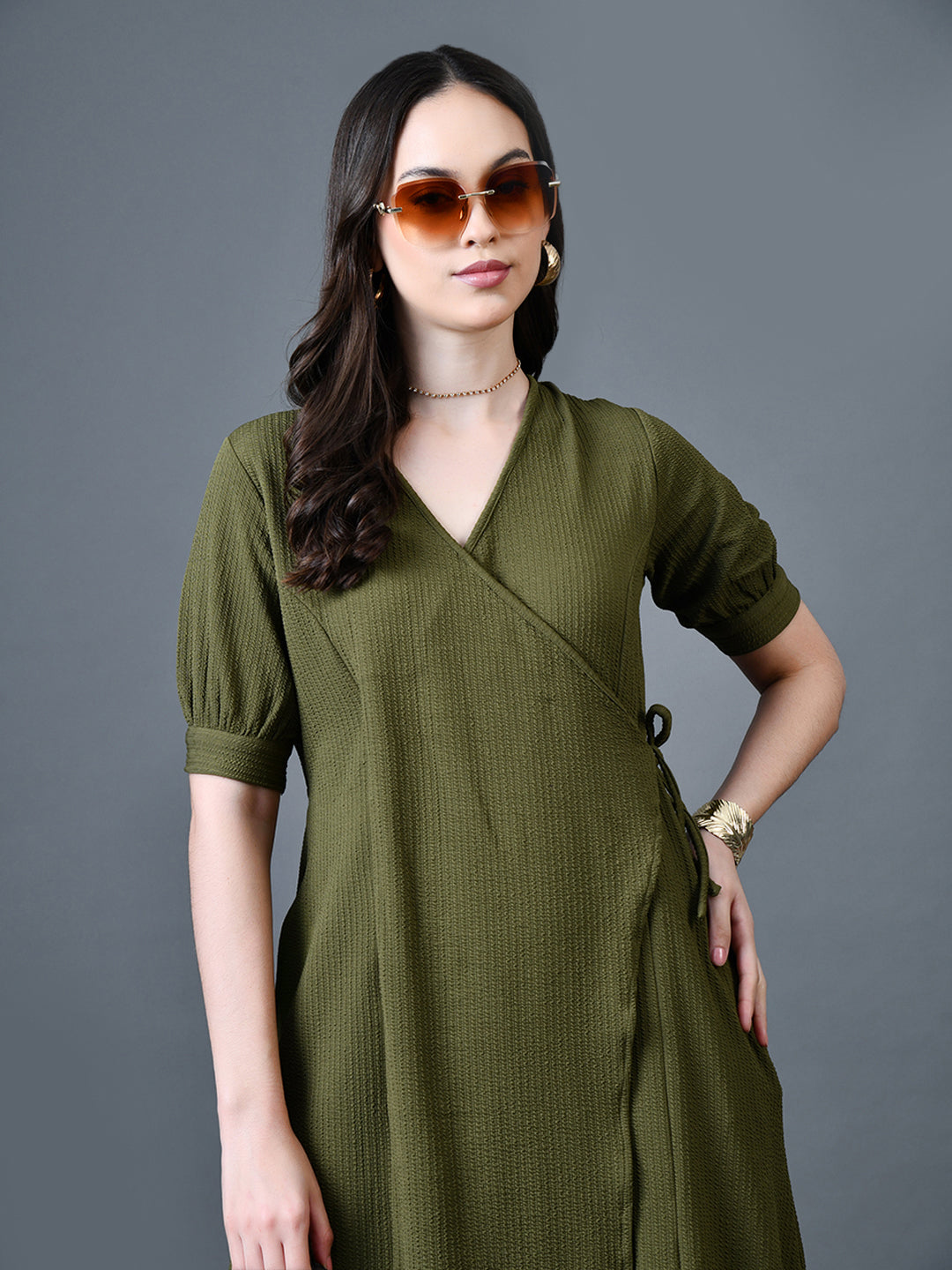 Myshka Women Olive Polyester A-Line V-Neck Solid Knee Length Short Sleeves Dresses | Grocsy