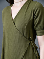 Myshka Women Olive Polyester A-Line V-Neck Solid Knee Length Short Sleeves Dresses | Grocsy