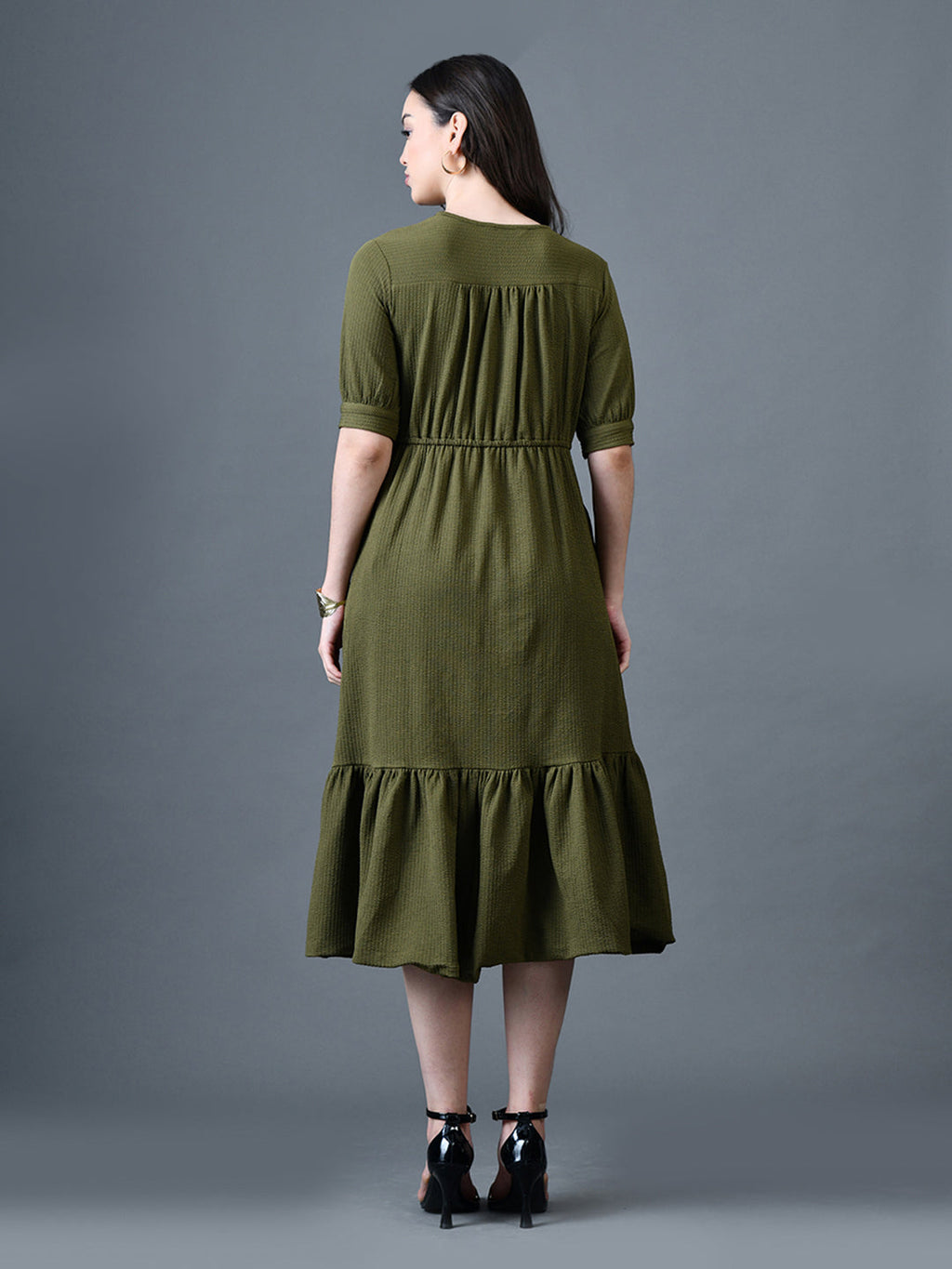 Myshka Women Olive Polyester A-Line V-Neck Solid Knee Length Short Sleeves Dresses | Grocsy