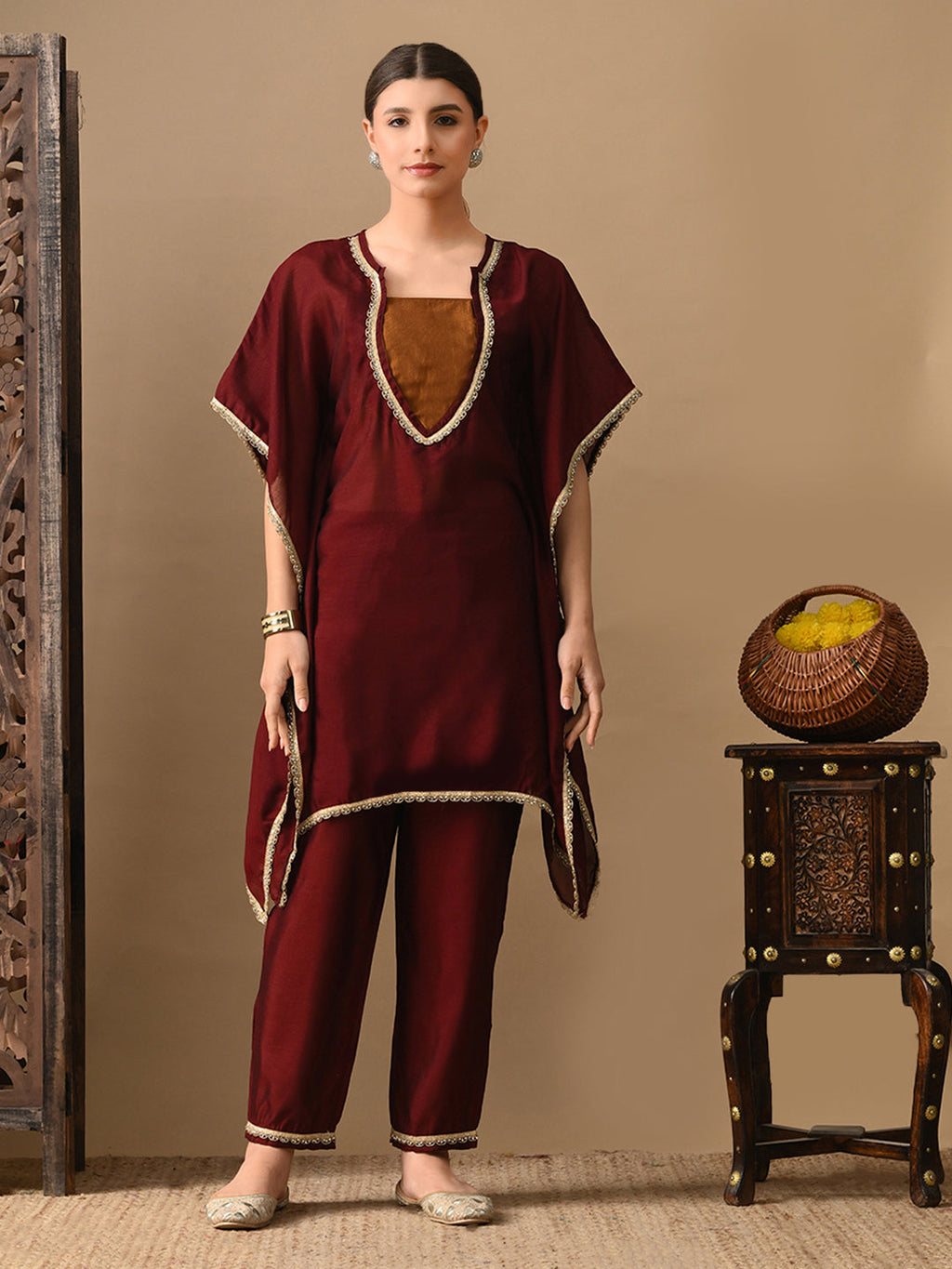 Myshka Maroon Silk Blend Kaftan Sweetheart Neck Short Sleeves Kurta Trousers With Dupatta | Grocsy