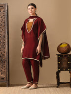 Myshka Maroon Silk Blend Kaftan Sweetheart Neck Short Sleeves Kurta Trousers With Dupatta | Grocsy
