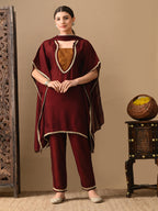 Myshka Maroon Silk Blend Kaftan Sweetheart Neck Short Sleeves Kurta Trousers With Dupatta | Grocsy