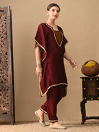 Myshka Maroon Silk Blend Kaftan Sweetheart Neck Short Sleeves Kurta Trousers With Dupatta | Grocsy