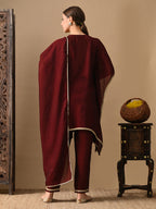 Myshka Maroon Silk Blend Kaftan Sweetheart Neck Short Sleeves Kurta Trousers With Dupatta | Grocsy