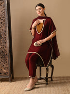 Myshka Maroon Silk Blend Kaftan Sweetheart Neck Short Sleeves Kurta Trousers With Dupatta | Grocsy
