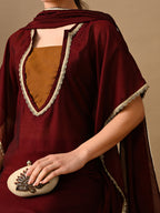 Myshka Maroon Silk Blend Kaftan Sweetheart Neck Short Sleeves Kurta Trousers With Dupatta | Grocsy