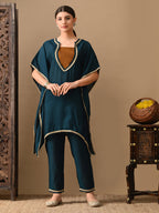 Myshka Green Silk Blend Kaftan Sweetheart Neck Short Sleeves Kurta Trousers With Dupatta | Grocsy