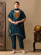 Myshka Green Silk Blend Kaftan Sweetheart Neck Short Sleeves Kurta Trousers With Dupatta | Grocsy
