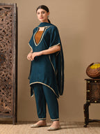 Myshka Green Silk Blend Kaftan Sweetheart Neck Short Sleeves Kurta Trousers With Dupatta | Grocsy