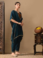 Myshka Green Silk Blend Kaftan Sweetheart Neck Short Sleeves Kurta Trousers With Dupatta | Grocsy
