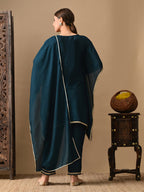 Myshka Green Silk Blend Kaftan Sweetheart Neck Short Sleeves Kurta Trousers With Dupatta | Grocsy