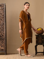Myshka Mustard Silk Blend Kaftan Sweetheart Neck Short Sleeves Kurta Trousers With Dupatta | Grocsy