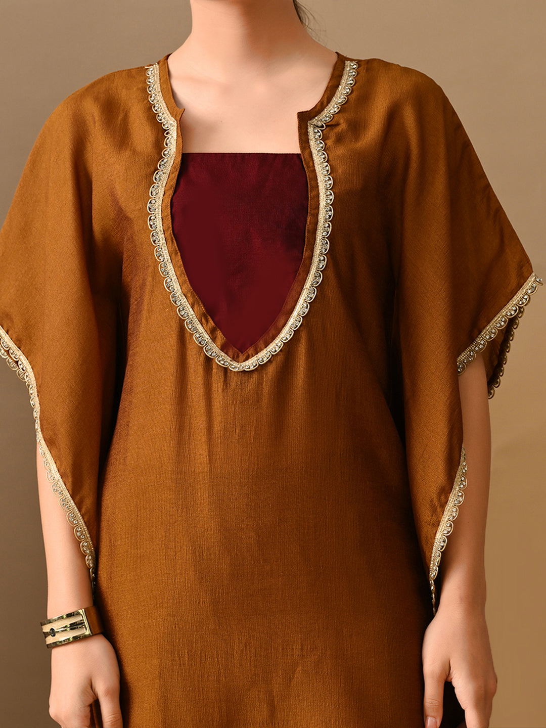 Myshka Mustard Silk Blend Kaftan Sweetheart Neck Short Sleeves Kurta Trousers With Dupatta | Grocsy