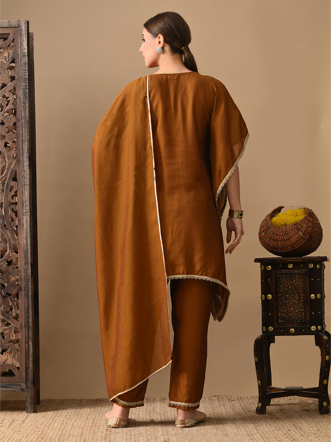 Myshka Mustard Silk Blend Kaftan Sweetheart Neck Short Sleeves Kurta Trousers With Dupatta | Grocsy