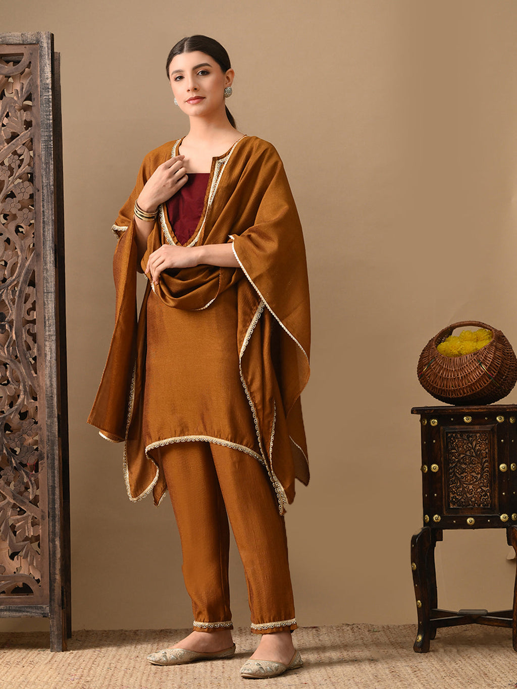 Myshka Mustard Silk Blend Kaftan Sweetheart Neck Short Sleeves Kurta Trousers With Dupatta | Grocsy